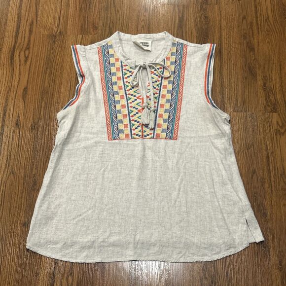 Savanna Jane Top Womens Large Embroidered Blouse Boho Tassels Linen Blend Beige - Picture 1 of 7